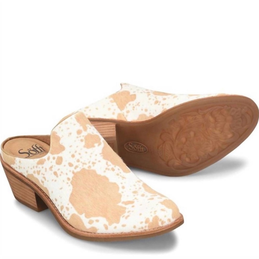 Cow print mules/clogs